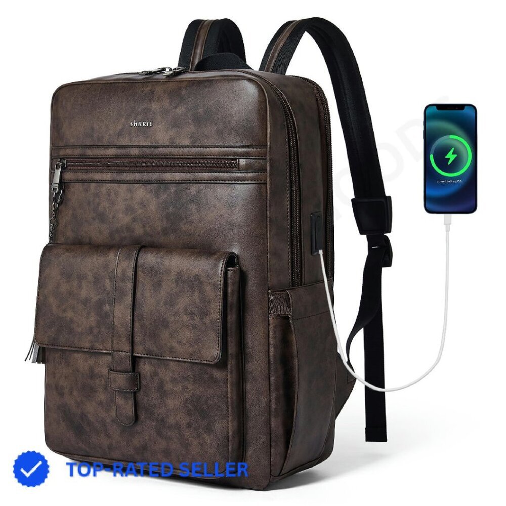 Vegan Leather Laptop Backpack with USB Charger Modern Business Work Travel